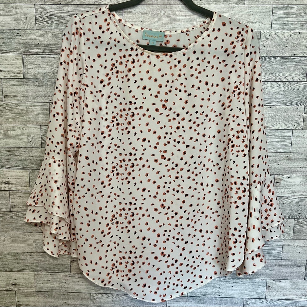 Veronica  M Cream Top Pink & Black‎ Spots, Size Medium Bell Sleeves New NoTags